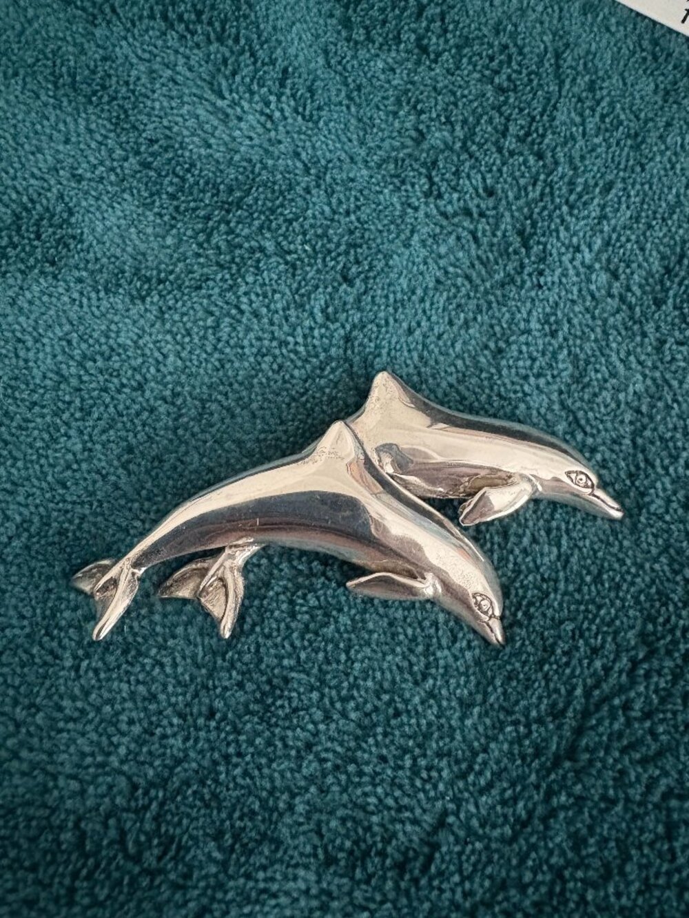 Vintage 925 Silver Double Dolphin Brooch